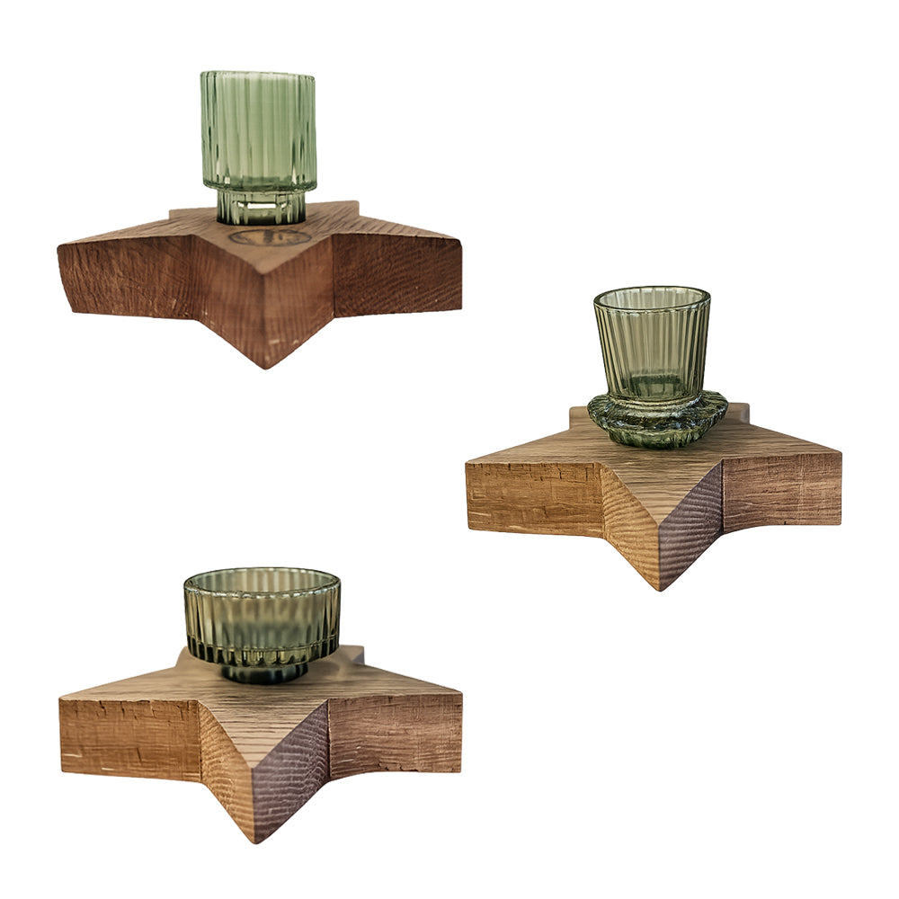 Kerzenhalter Stern aus Weinfass-Holz mit Glas