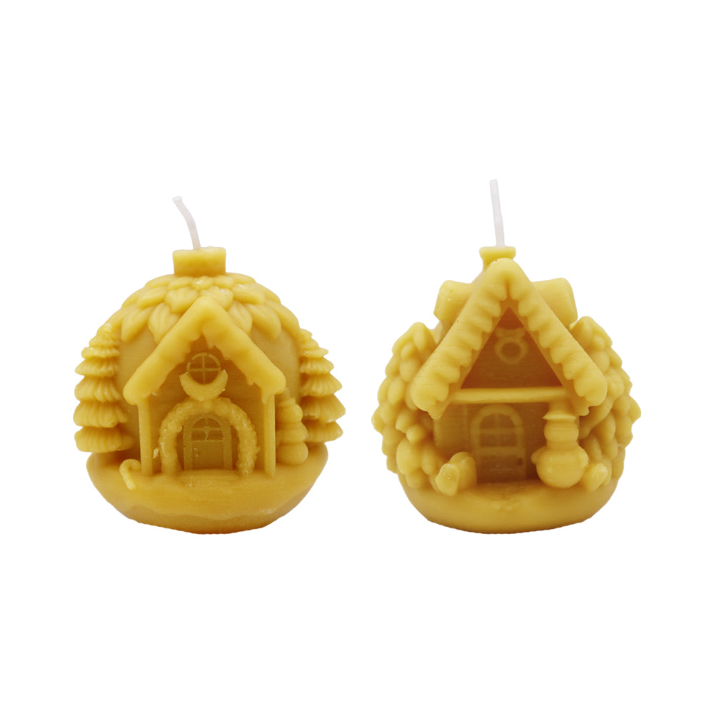 Handgegossene Bienenwachskerze Winterhaus, Tannenbäumen und Schneemann
