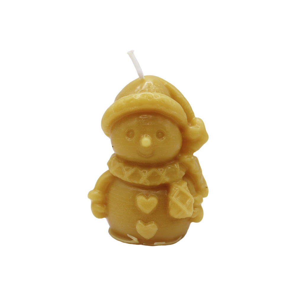 Handgegossene Bienenwachskerze Schneemann mit Mütze, Schal und Herzen