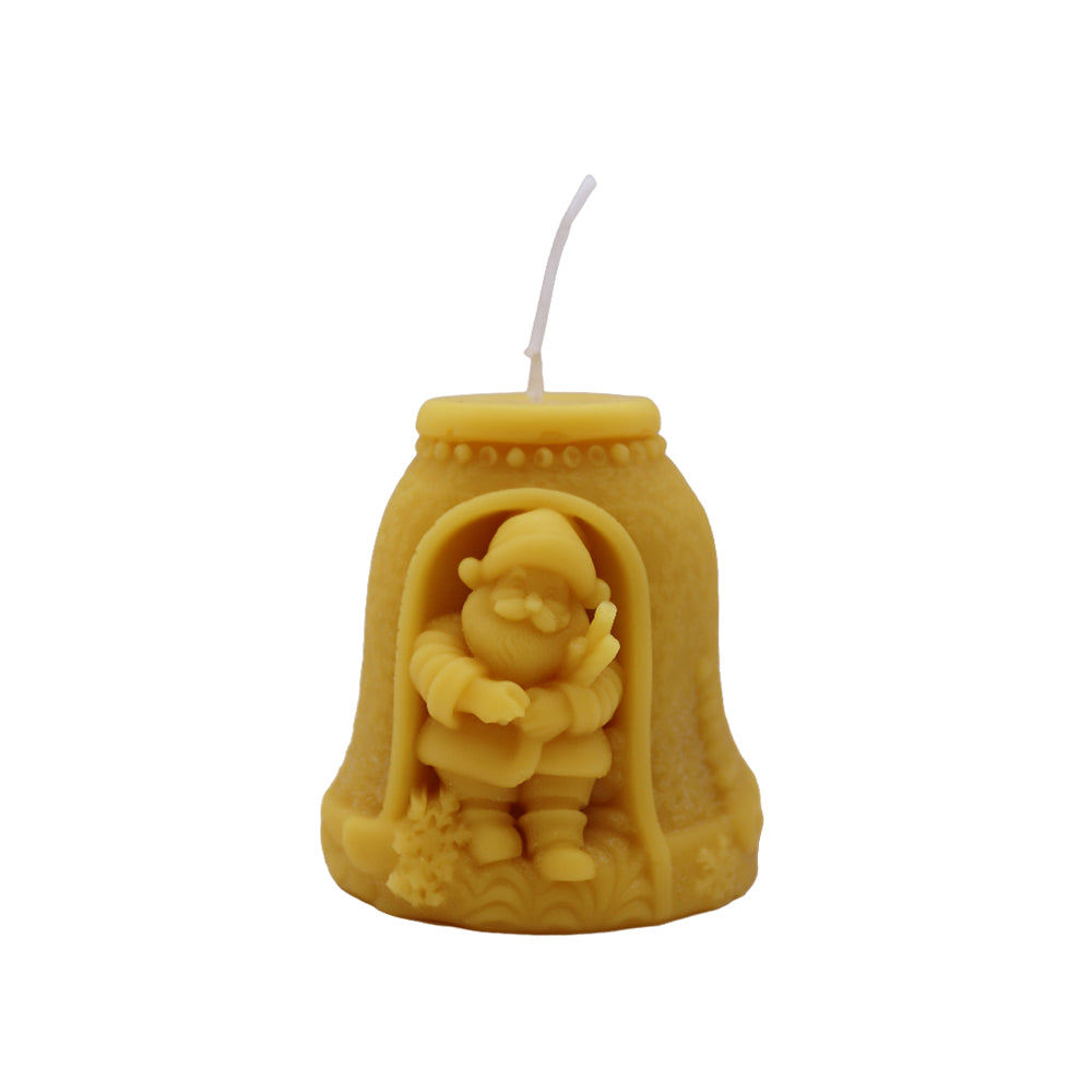 Handgegossene Bienenwachskerze in Glockenform mit plastischem Weihnachtsmann-Motiv