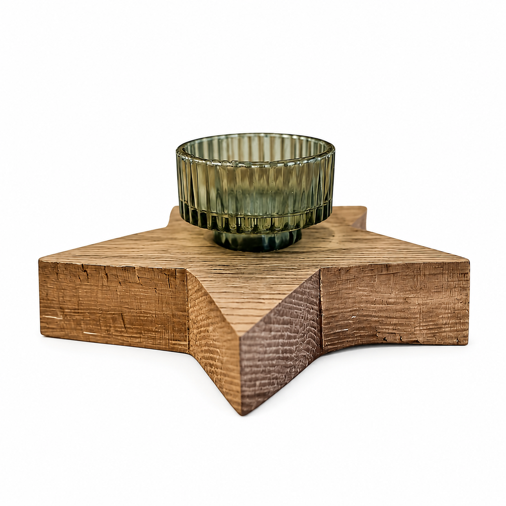 Kerzenhalter Stern aus Weinfass-Holz mit Glas