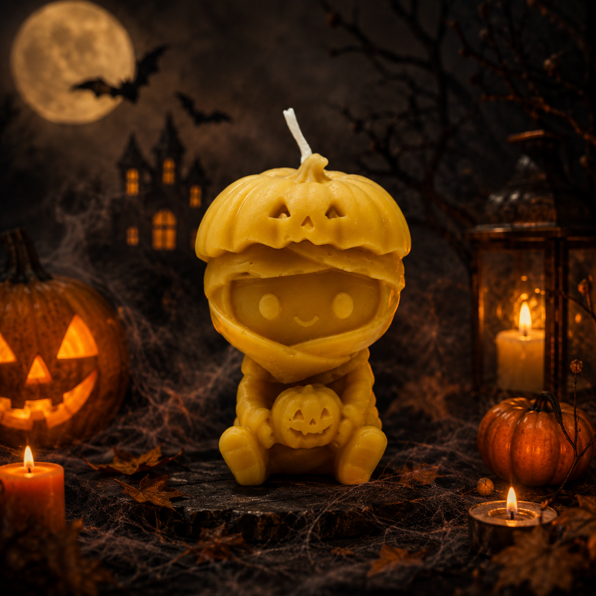 Bienenwachskerze „Halloween-Mumie mit Kürbishut“