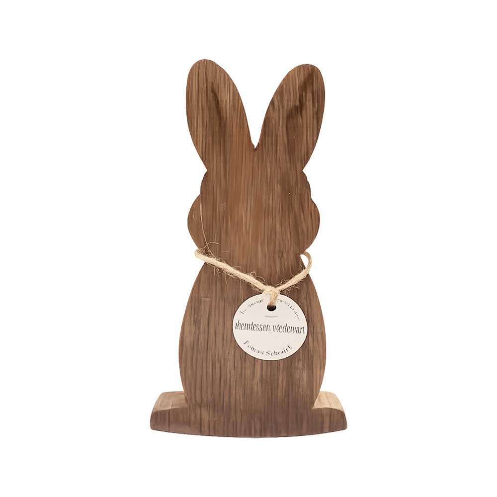 Handgefertigter Deko-Hase aus dem Holz alter Weinfässer auf Holzsockel