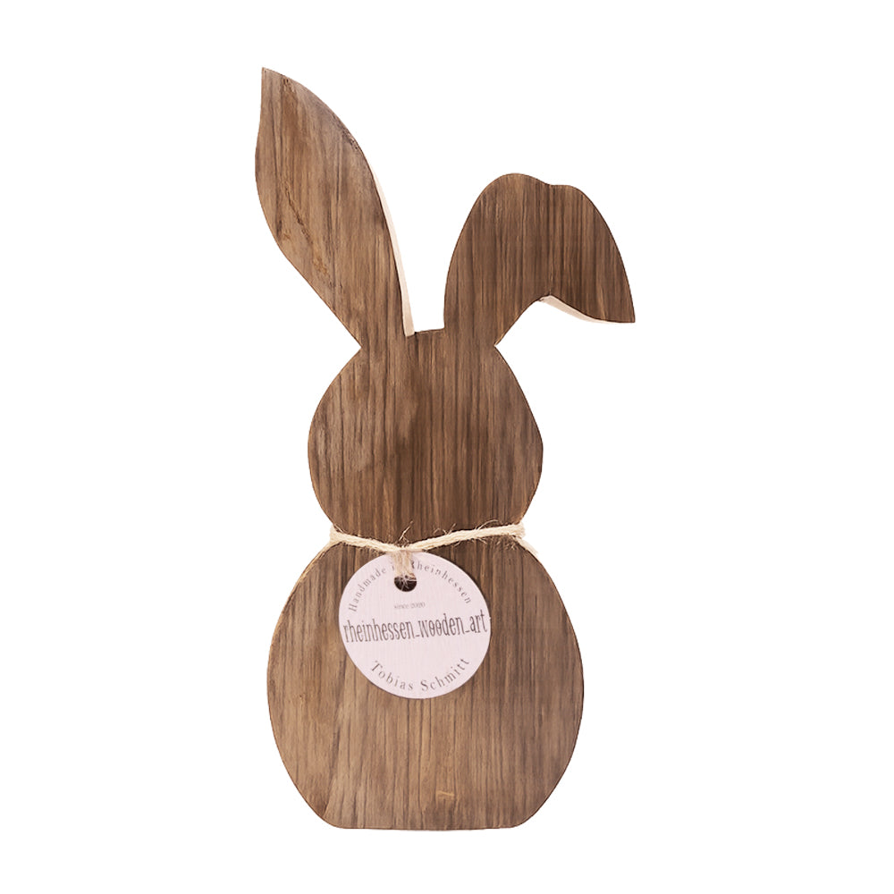 Handgefertigter Deko-Hase mit Schlappohr aus dem Holz alter Weinfässer