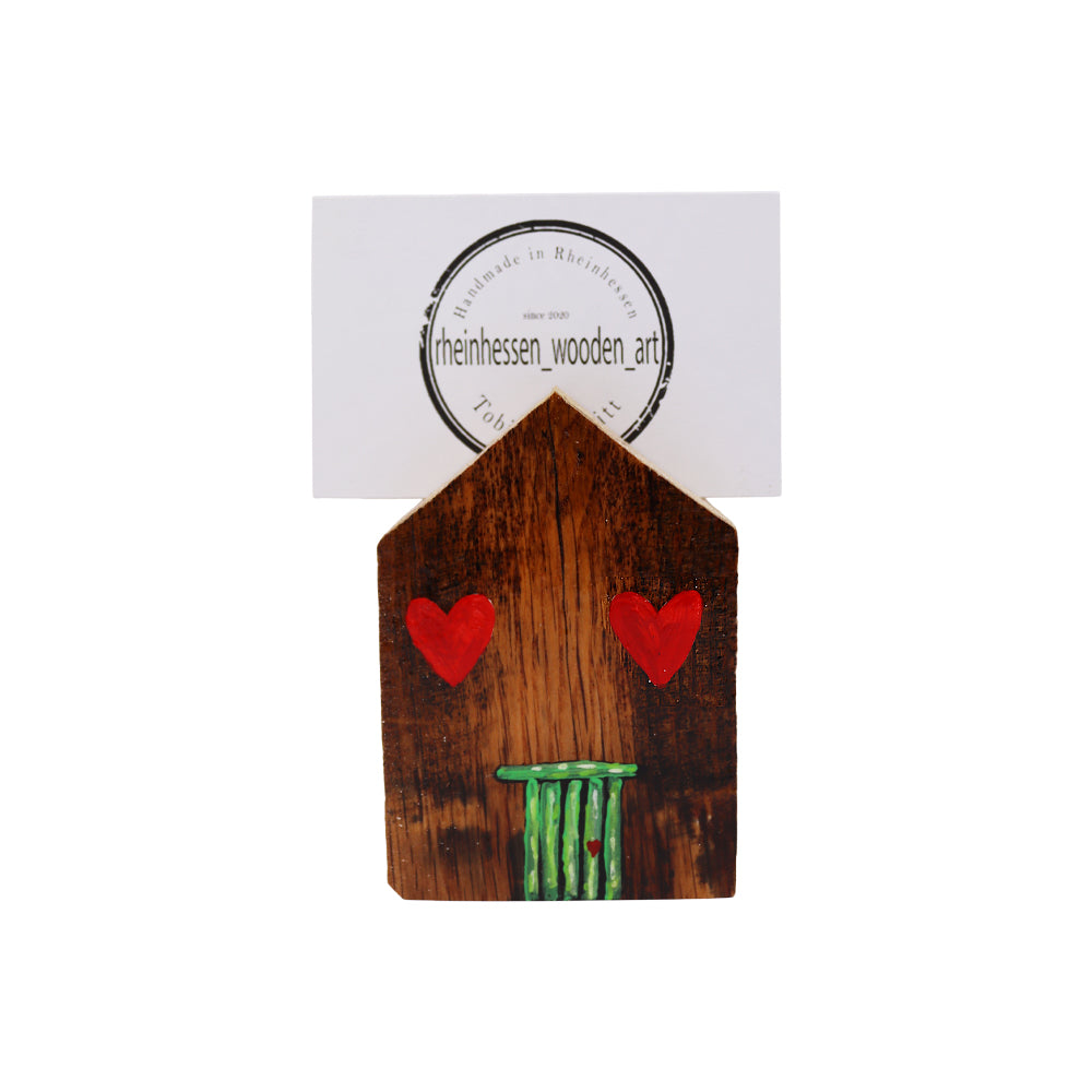 Fotohalter Haus mit Tür & Herzen aus Weinfass-Holz