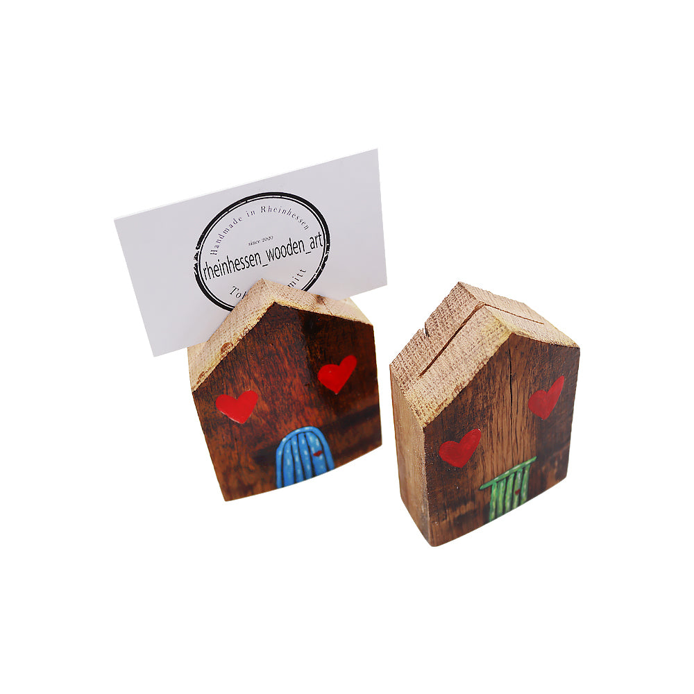 Fotohalter Haus mit Tür & Herzen aus Weinfass-Holz