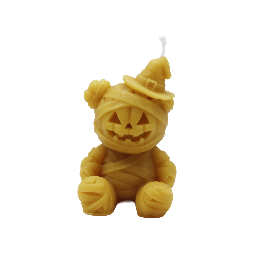 Handgegossene Bienenwachskerze Halloween-Mumie mit Kürbiskopf, Hexenhut und Wickelbinden