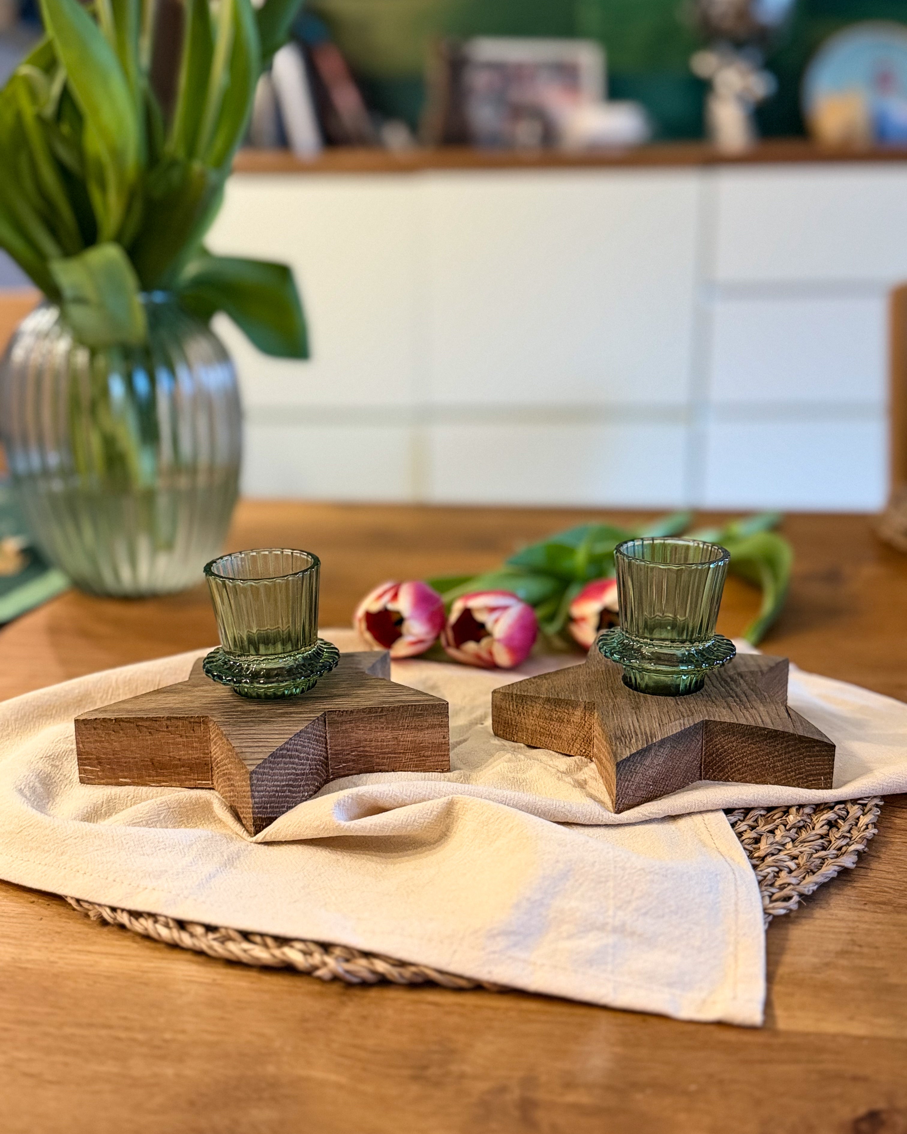 Kerzenhalter Stern aus Weinfass-Holz mit Glas