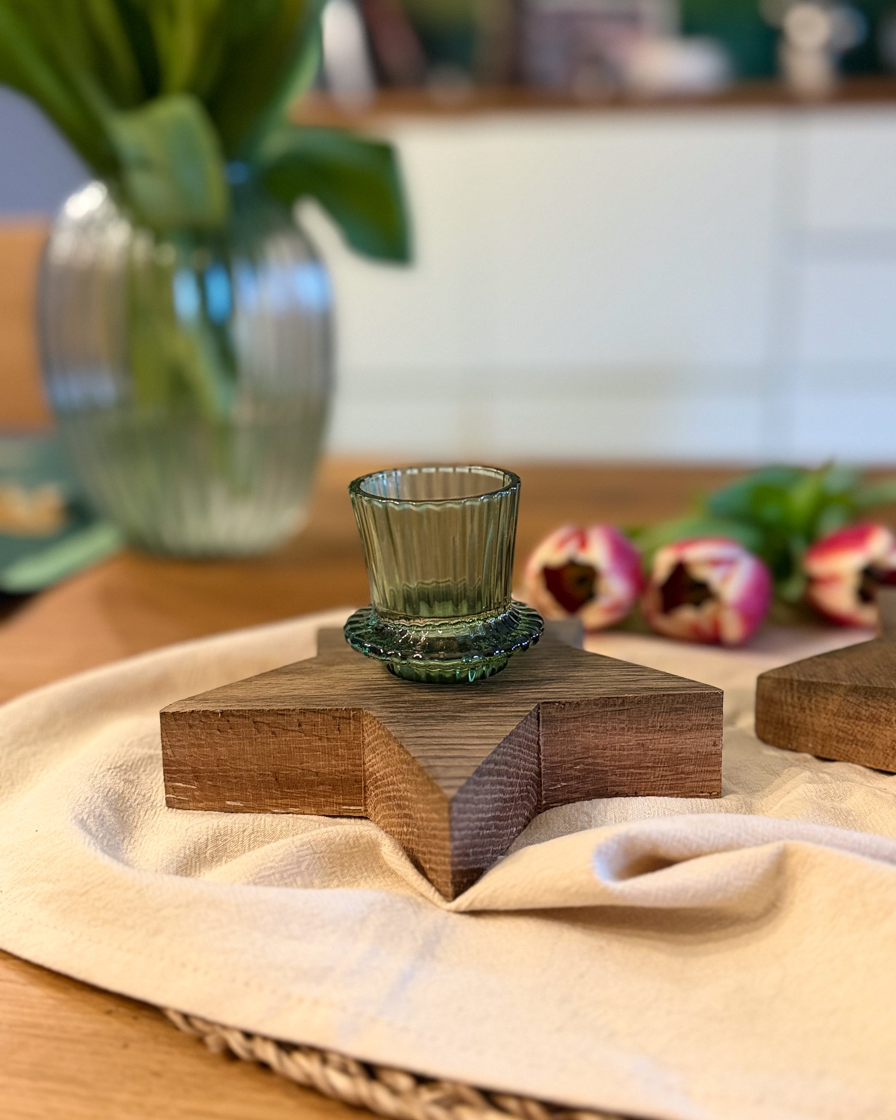 Kerzenhalter Stern aus Weinfass-Holz mit Glas