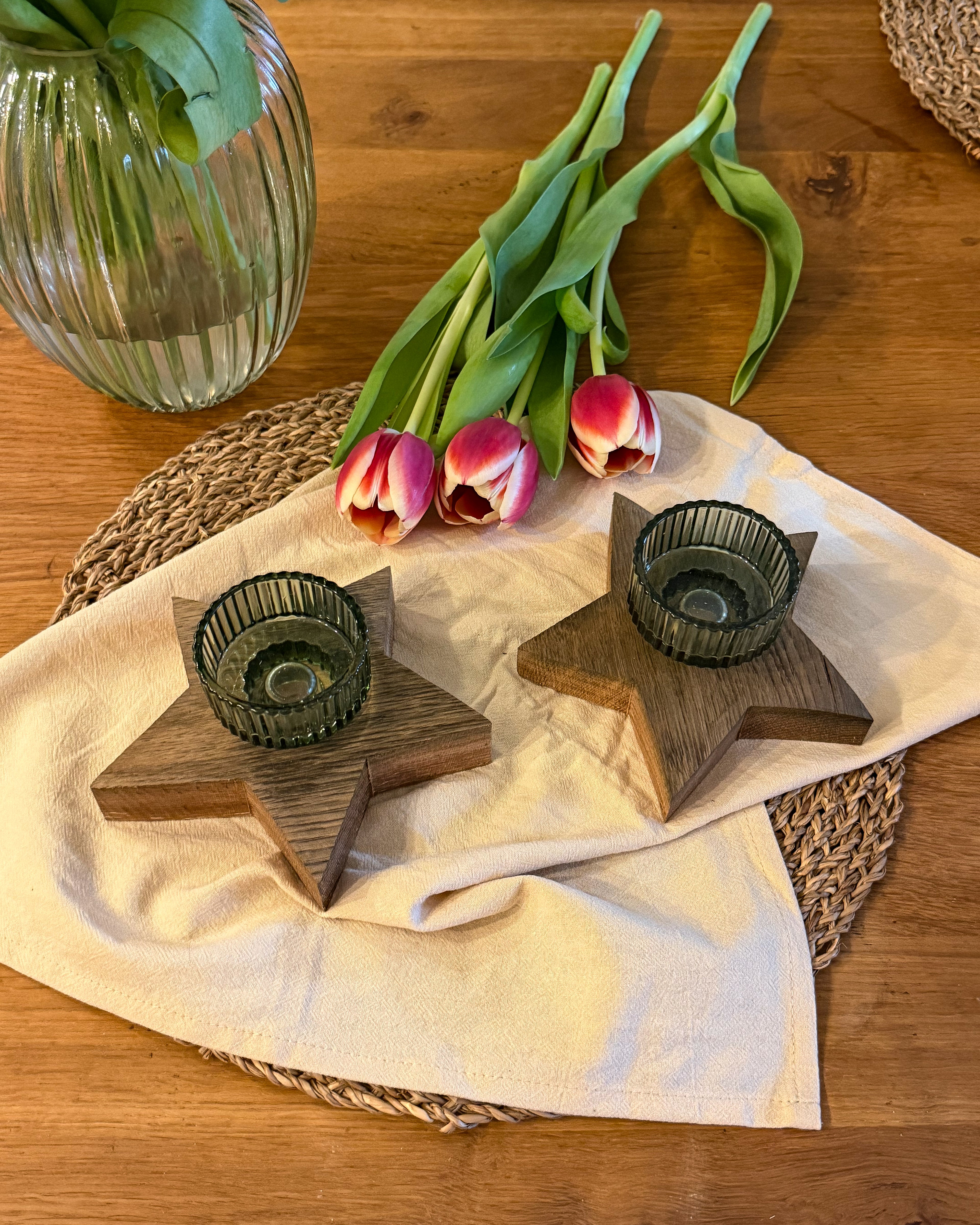 Kerzenhalter Stern aus Weinfass-Holz mit Glas