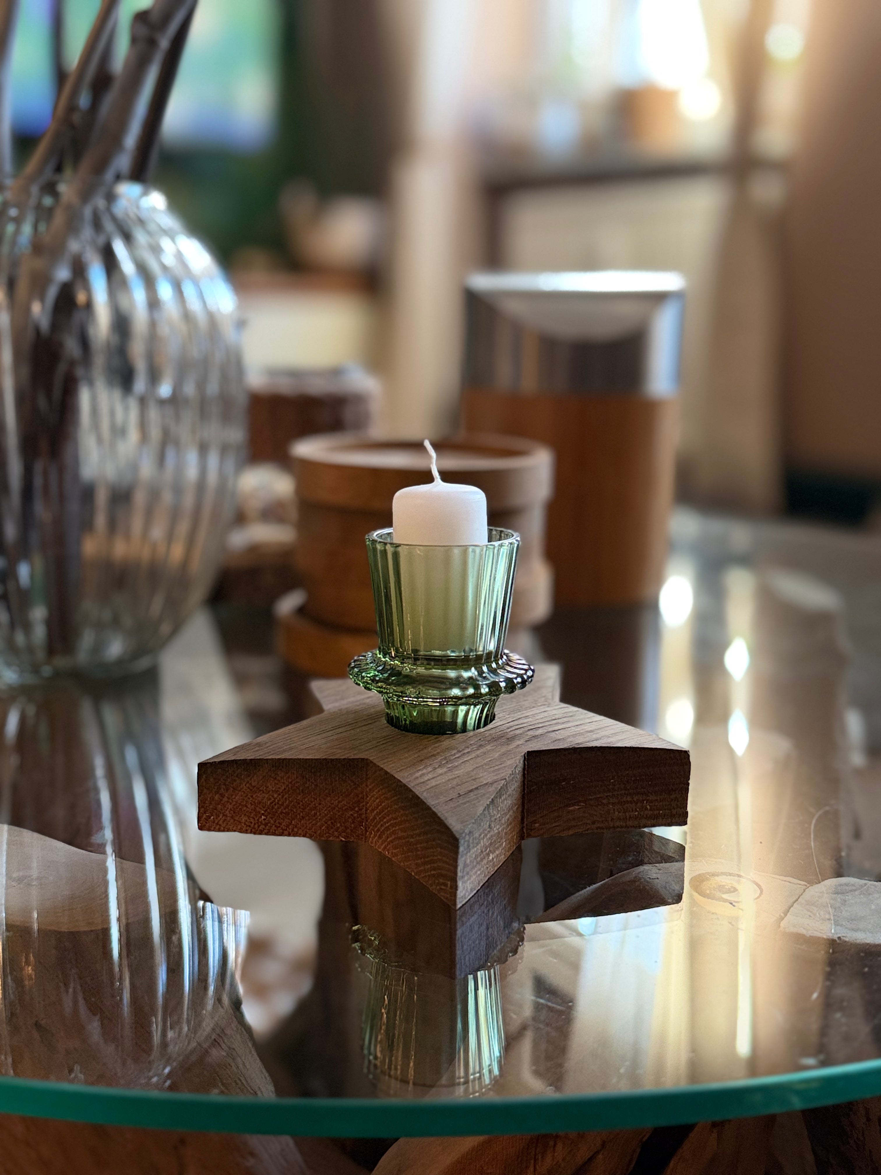 Kerzenhalter Stern aus Weinfass-Holz mit Glas