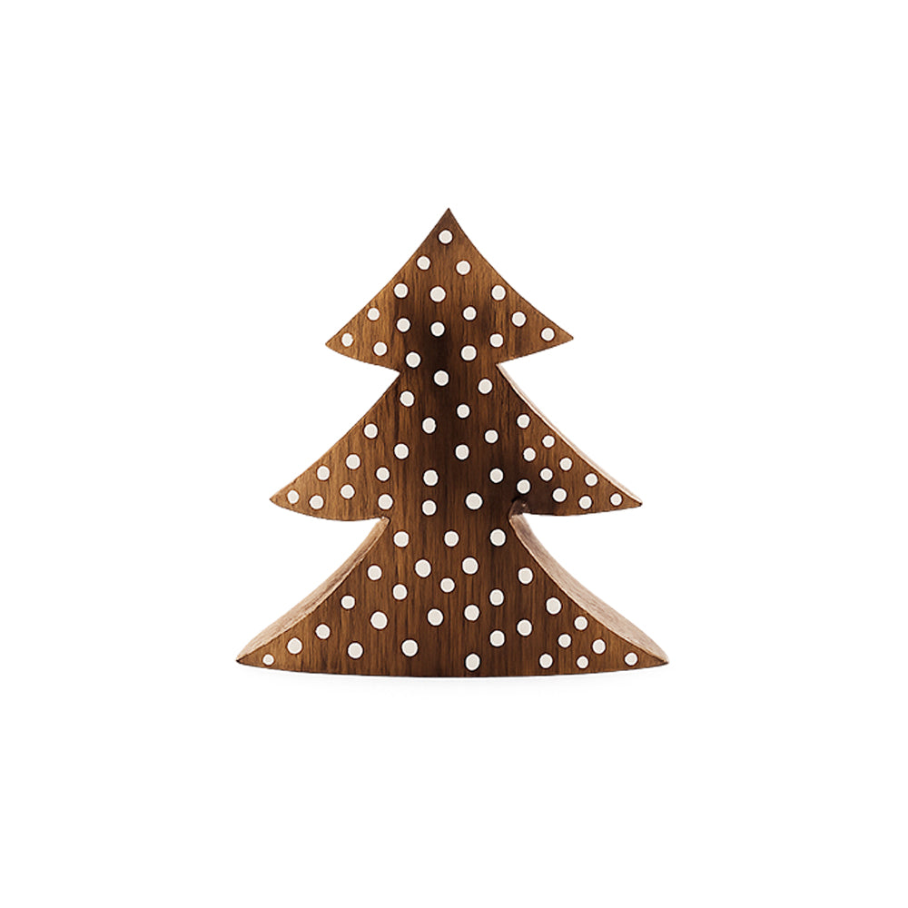 Kleiner handgefertigter Tannenbaum aus Weinfass-Holz mit weißen Punkten