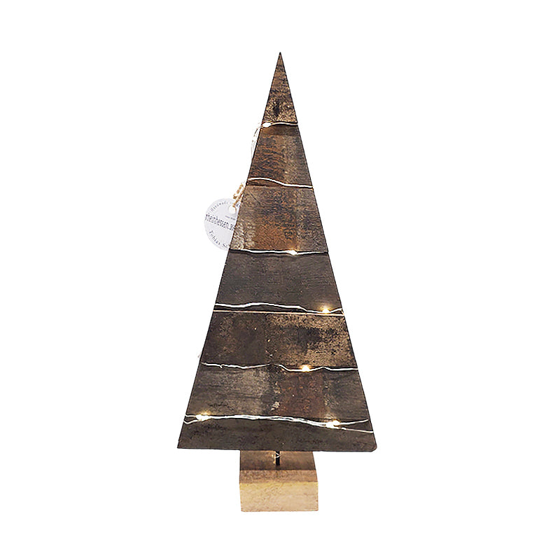 Handgefertigter Tannenbaum aus Weinfass-Holz mit warmer LED-Beleuchtung