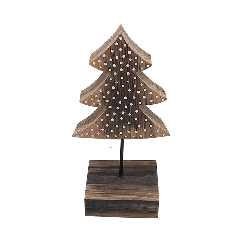 Handgefertigter Tannenbaum aus Weinfass-Holz mit handgemaltem Schneedekor auf Holzsockel